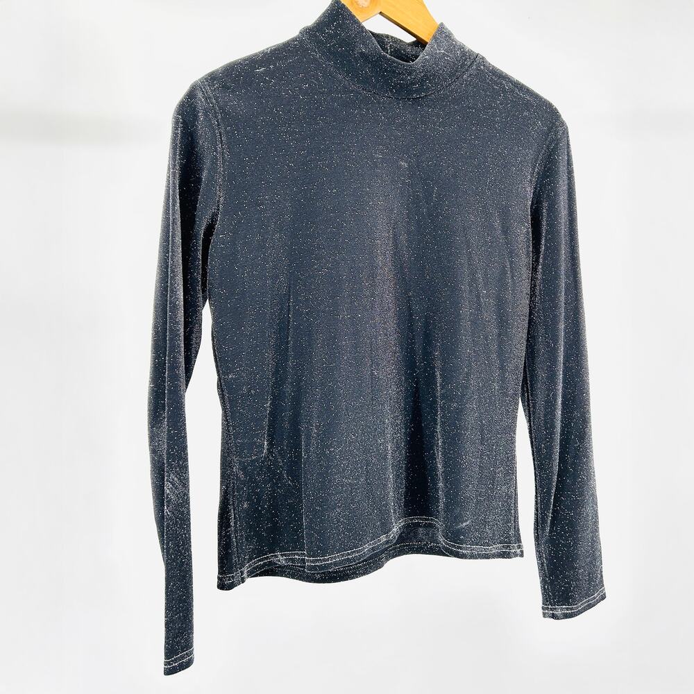 Vintage 90s Double D Ranch Black Glitter Mock Neck Long Sleeve Top